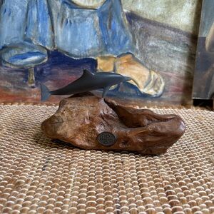 Vintage John Perry Dolphin Sculpture On Burl Wood Base